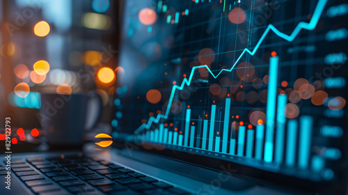 An image of a financial analyst's desk, with charts and graphs showing rising arrows, highlighting economic growth and performance