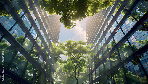 Glass business buildings with trees foreground. Real estate, property business Green economy concept