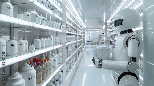 A modern pharmacy within a futuristic hospital, featuring automated medication dispensers and robotic pharmacists filling prescriptions with efficiency and accuracy