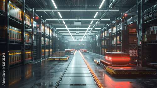 A dimly lit warehouse featuring a grid of laser-guided shelves that move autonomously to deliver products to automated packing stations