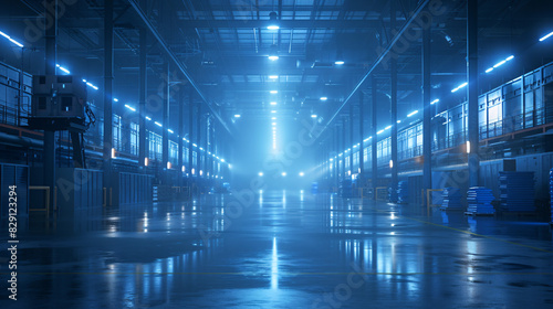 A futuristic warehouse bathed in a soft blue glow, where robotic exoskeletons assist workers in lifting heavy objects effortlessly, enhancing productivity