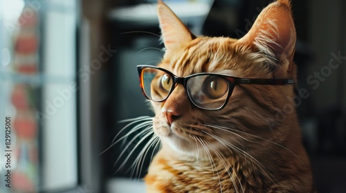 Funny cat wearing eyeglasses, exhibiting a sense of curiosity while observing a computer screen