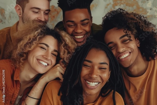 Group of young friends laughing and having fun together. Cheerful african american and caucasian men and women having fun together.