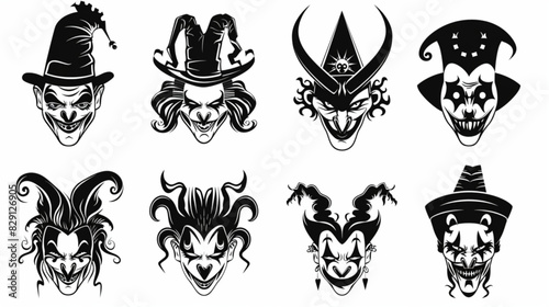 Set joker caps jester silhouette Tattoo sleeve designs, Jester, Joker hat 3D avatars set vector icon, white background, black colour icon
