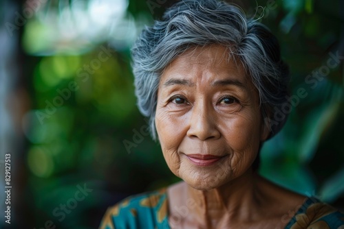 Thoughtful senior asian woman with grey hair