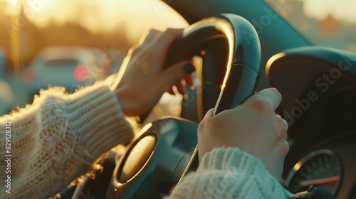 Close-up of hands on steering wheel during sunset, showcasing safe and focused driving in urban traffic.