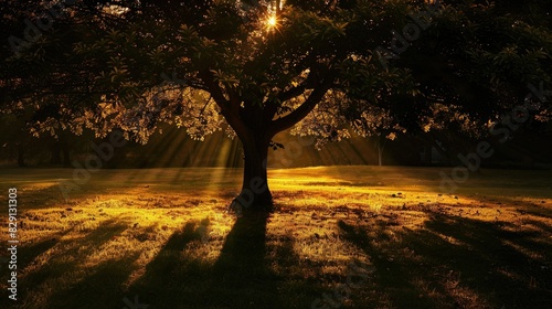 Tree silhouette illuminated by warm yellow light, casting intricate shadows and evoking a sense of tranquility