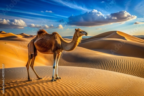 Image of a camel whose humps seamlessly transition into sand dunes, mirroring the desert it inhabits