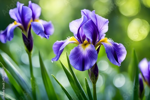 Three purple irises are in a field of green grass