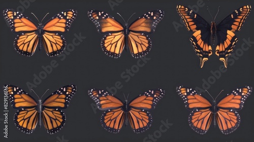 Butterfly Butterflies, many angles and view frontal side head shot isolated on transparent