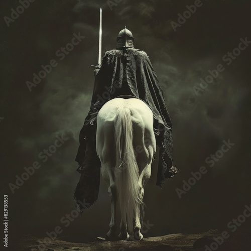 knight in a cloak and with a sword on a white horse back view