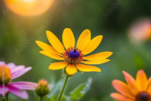 A yellow flower with a blue center is surrounded by other flowers
