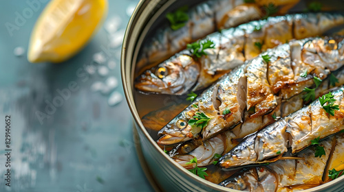 A tin of grilled sardines garnished with fresh herbs and served with a lemon wedge, ready for a gourmet meal.
