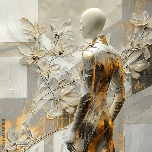 An arty portrait of a gold and white female mannequin, on a floral gold and white background