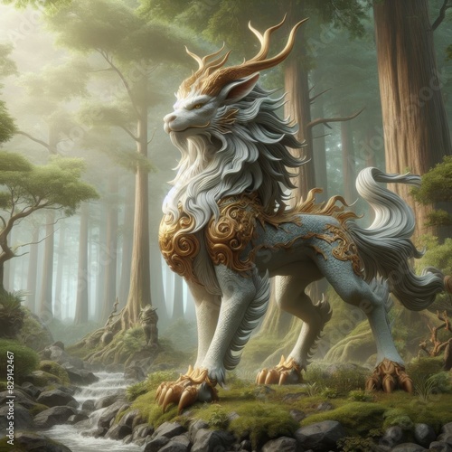 A highly detailed image of a Qilin, a mythical creature with dragon and deer features, standing majestically in a serene forest.