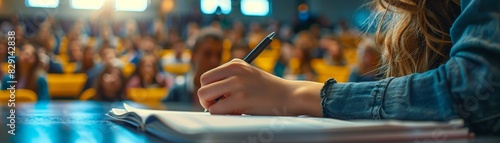 Close-up of a student taking notes during a lecture in a large hall, focusing on the hand and pen with the audience in the background.