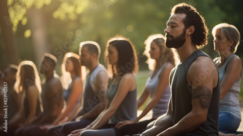 Group of adult men and women in outdoor yoga class.