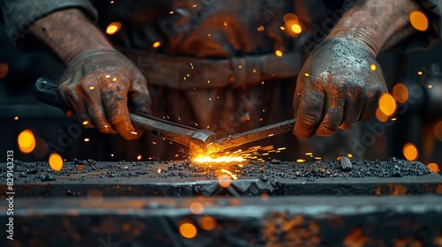 A blacksmith's hands holding hot metal with tongs, hammering it on an anvil with sparks flying. Minimal and Simple style