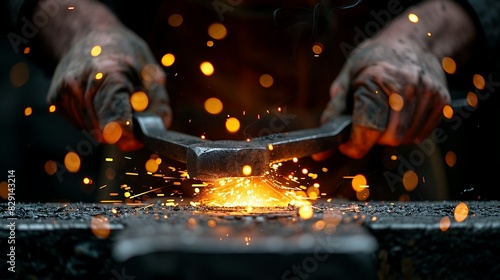 A blacksmith's hands holding hot metal with tongs, hammering it on an anvil with sparks flying. Minimal and Simple style