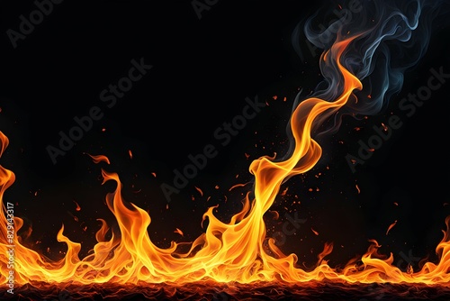 A black background with a long, curling flame of fire
