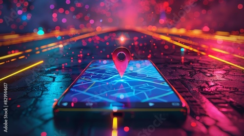 An abstract, surreal image of a smartphone showing a map with a floating, luminous location pin, set on a cosmic road with stars and colorful light trails in the background