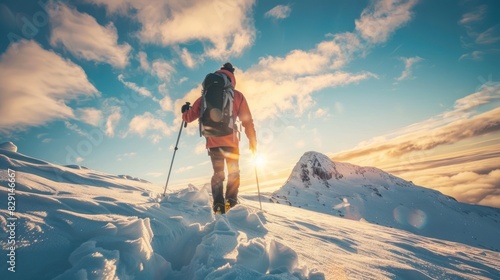 Man mountaineer with trekking pole climbing on snowy hill and sunshine at Ryten mount