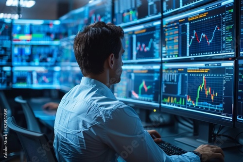 A trader attentively analyzes financial data on numerous screen displays in a modern office