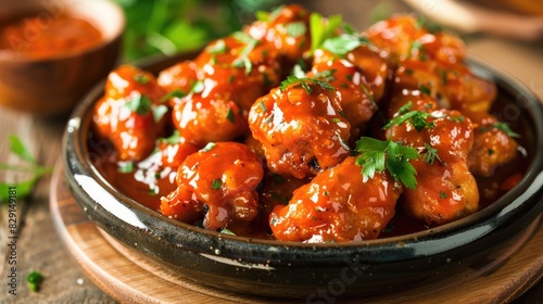 Boneless chicken wings dipped in buffalo and BBQ sauce