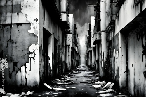 A long, narrow alleyway with graffiti on the walls and a dark