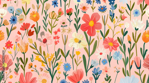 ilustración flores del campo fondo rosa 