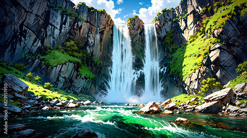 Waterfall in green mountain valley.In Anime Semi-Realism