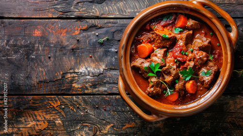 traditional hungarian goulash with beef and vegetables in a clay pot with copy space