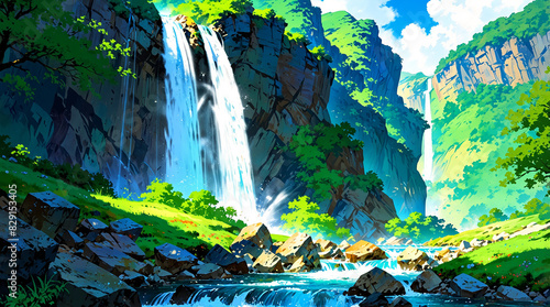 Waterfall in green mountain valley. In Anime Flat Illustration