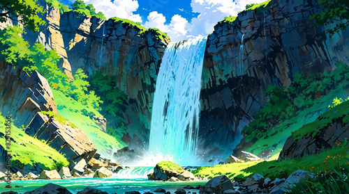 Waterfall in green mountain valley. In Anime Flat Illustration