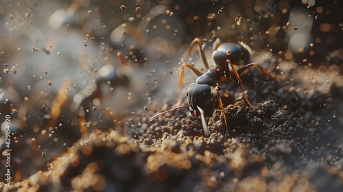 A close-up of ants working diligently on an anthill, carrying tiny particles and showcasing their teamwork and industrious nature. 