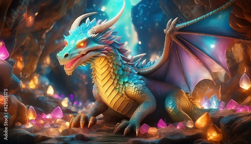 A dragon with shimmering, crystal-like scales, basking in the light of a glowing cave filled 