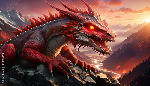 A fierce red dragon with battle scars and glowing eyes, perched on a rocky cliff with molten