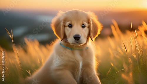 A golden retriever puppy with floppy ears and big brown eyes, sitting on a grassy field 