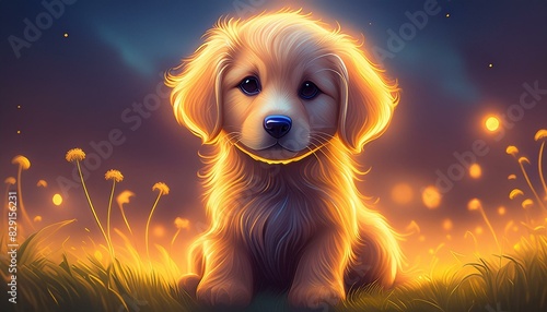 A golden retriever puppy with floppy ears and big brown eyes, sitting on a grassy field 