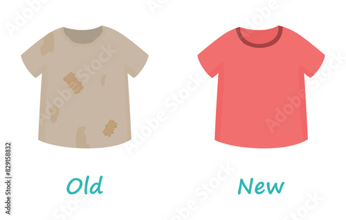 Opposite adjective antonym words old and new illustration of t-shirt explanation flashcard with text label