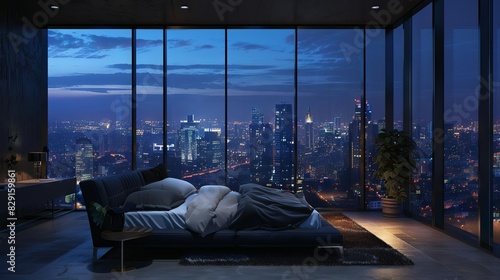 breathtaking city skyline view from luxurious penthouse bedroom at night floortoceiling windows atmospheric interior photo