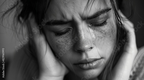 depressed young woman crying struggling with mental health issues emotional pain and sadness black and white portrait
