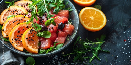 A vibrant and appetizing dish of salmon sashimi adorned with fresh slices of orange, herbs, and a sprinkle of black sesame seeds, presented beautifully on a dark, rustic surface