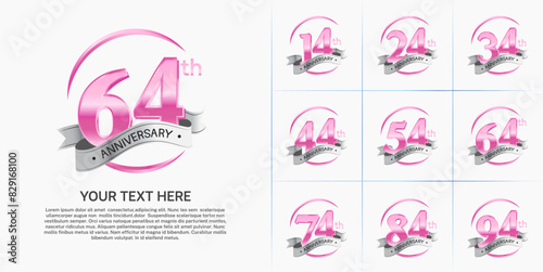 anniversary logotype set vector, pink color and silver ribbon for special day celebration