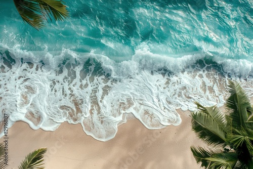 Top view of the beautiful ocean shore with waves and foam on the sand. Seychelles. Texture and background tourism design - generative ai