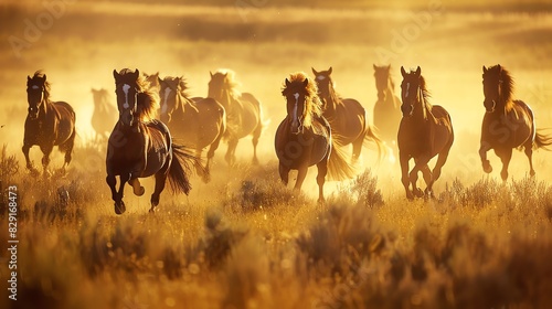 Group of wild horses running through a desert landscape illuminated by golden sunlight, creating a dynamic and powerful scene.