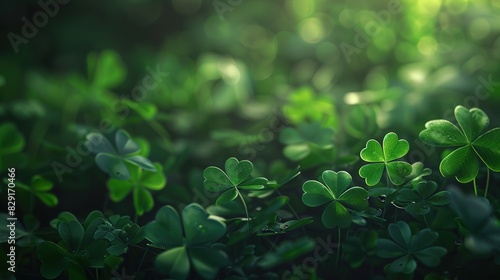 Dark background with three-leaved shamrocks, Lucky Irish Four Leaf Clover in the Field for St. Patricks Day holiday symbol. with three-leaved shamrocks