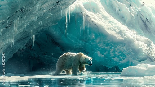 A polar bear is standing in the water near a large ice block arctic bear