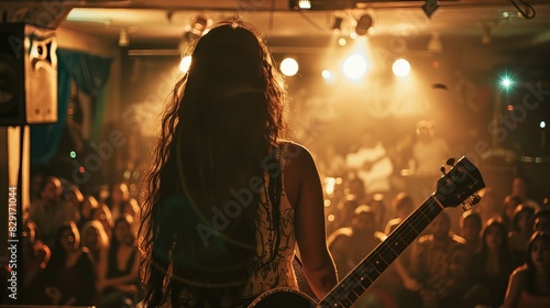 A woman is playing a guitar in front of a crowd