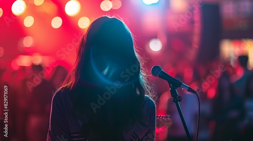 A woman is playing a guitar in front of a crowd